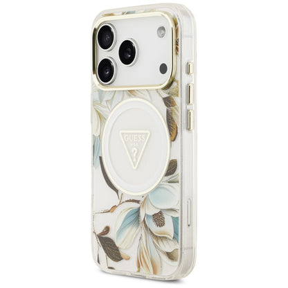 Funda MagSafe para Apple iPhone 17 Pro, Guess, IML Metal Glitter Flowers Triangle, Blanca