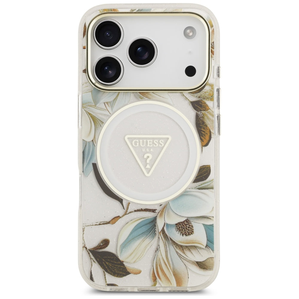 Funda MagSafe para Apple iPhone 17 Pro, Guess, IML Metal Glitter Flowers Triangle, Blanca