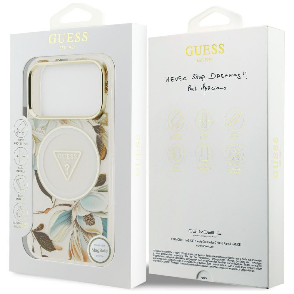 Funda MagSafe para Apple iPhone 17 Pro, Guess, IML Metal Glitter Flowers Triangle, Blanca