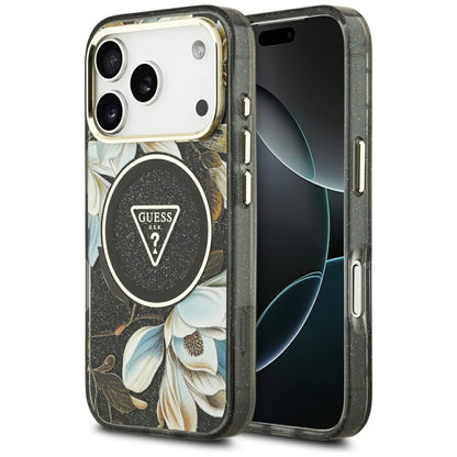Funda MagSafe para Apple iPhone 17 Pro, Guess, IML Metal Glitter Flowers Triangle, Negra