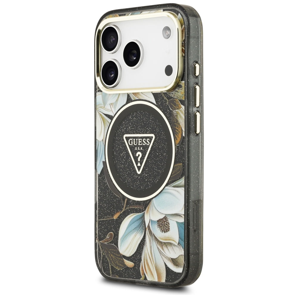 Funda MagSafe para Apple iPhone 17 Pro, Guess, IML Metal Glitter Flowers Triangle, Negra
