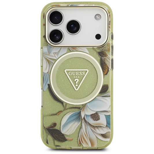 Funda MagSafe para Apple iPhone 17 Pro, Guess, IML Metal Glitter Flowers Triangle, Verde