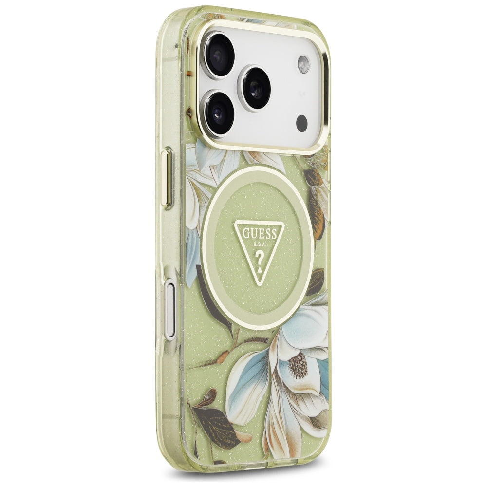 Funda MagSafe para Apple iPhone 17 Pro, Guess, IML Metal Glitter Flowers Triangle, Verde
