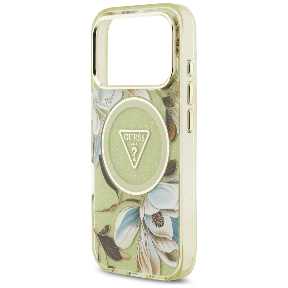 Funda MagSafe para Apple iPhone 17 Pro, Guess, IML Metal Glitter Flowers Triangle, Verde