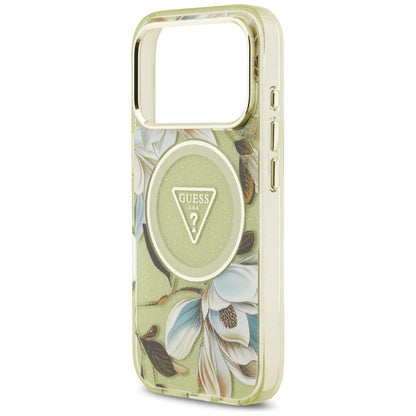Funda MagSafe para Apple iPhone 17 Pro, Guess, IML Metal Glitter Flowers Triangle, Verde