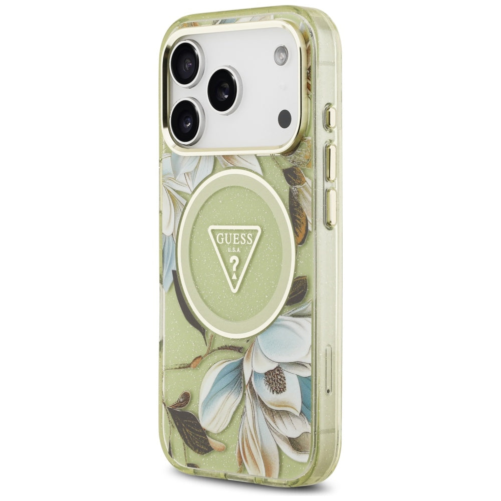 Funda MagSafe para Apple iPhone 17 Pro, Guess, IML Metal Glitter Flowers Triangle, Verde