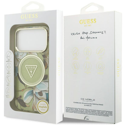 Funda MagSafe para Apple iPhone 17 Pro, Guess, IML Metal Glitter Flowers Triangle, Verde
