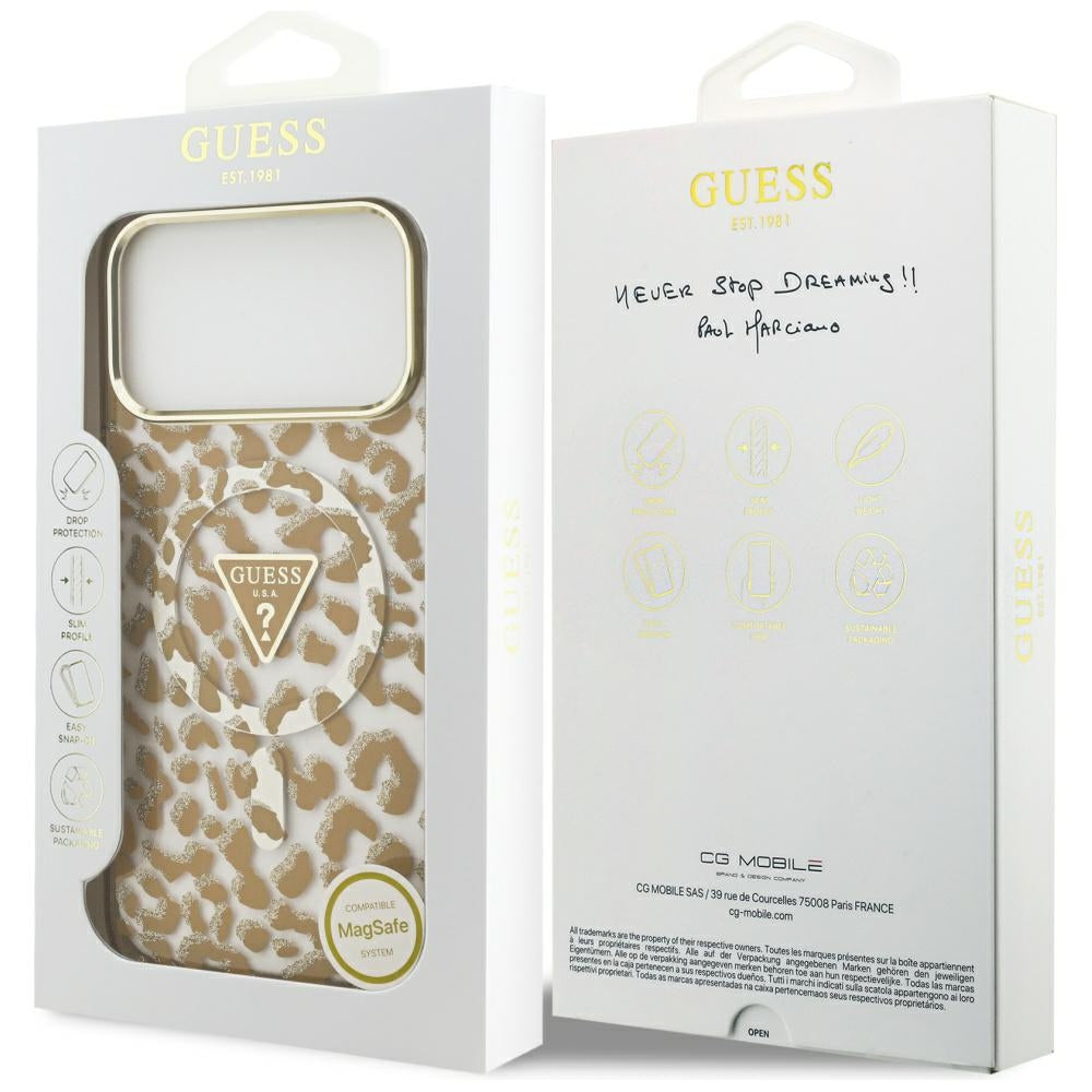 Funda MagSafe para Apple iPhone 17 Pro, Guess, Leopard Glitter, Marrón