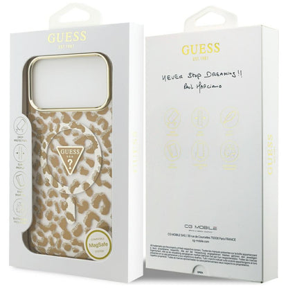 Funda MagSafe para Apple iPhone 17 Pro, Guess, Leopard Glitter, Marrón
