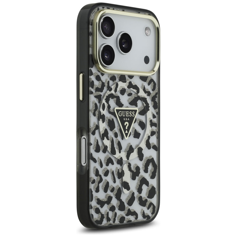 Funda MagSafe para Apple iPhone 17 Pro, Guess, Leopard Glitter, Negra