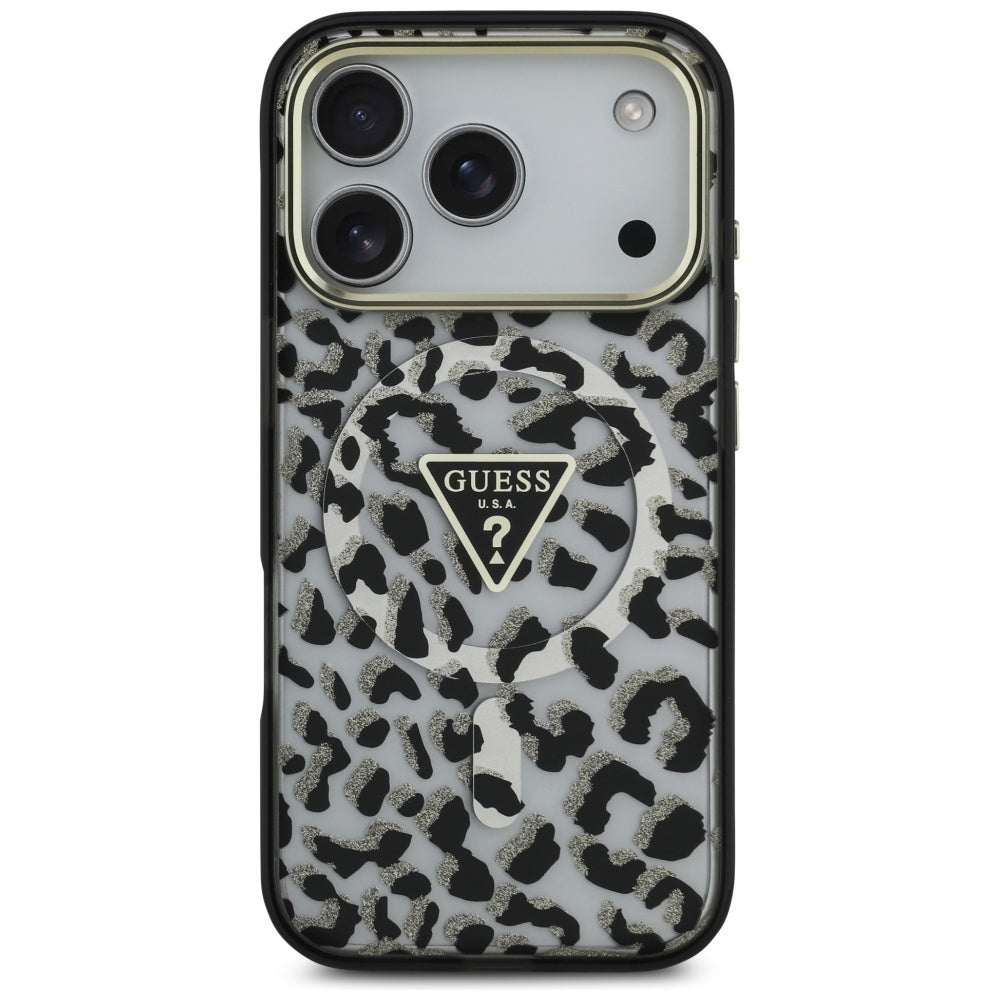 Funda MagSafe para Apple iPhone 17 Pro, Guess, Leopard Glitter, Negra