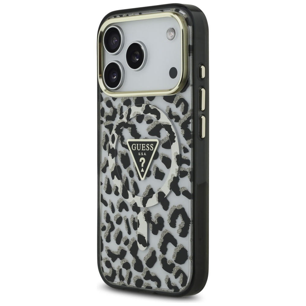 Funda MagSafe para Apple iPhone 17 Pro, Guess, Leopard Glitter, Negra
