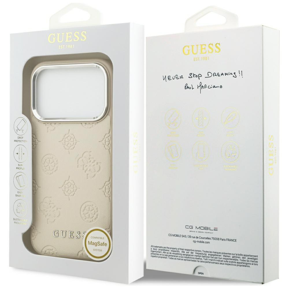 Funda MagSafe para Apple iPhone 17 Pro, Guess, Peony Hot Stamp Script, Beige