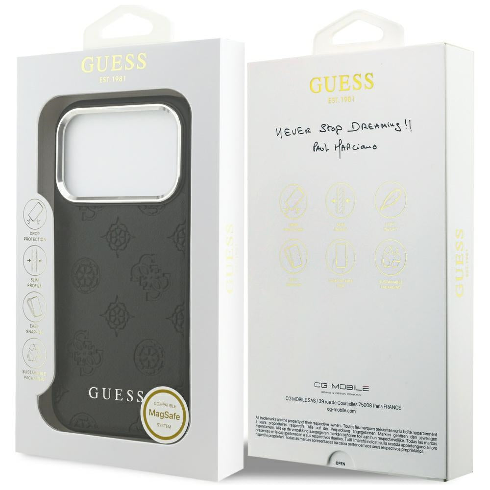 Funda MagSafe para Apple iPhone 17 Pro, Guess, Peony Hot Stamp Script, Negra