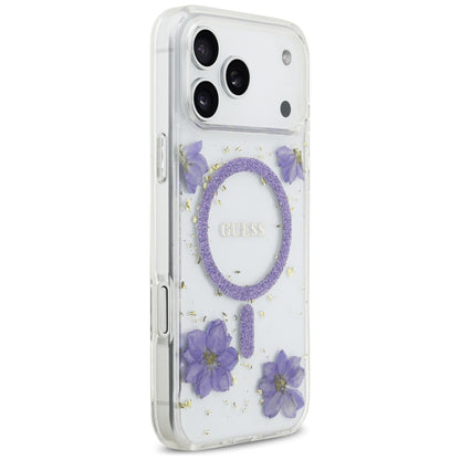 Funda MagSafe para Apple iPhone 17 Pro, Guess, Flores de Resina y Purpurina, Morado