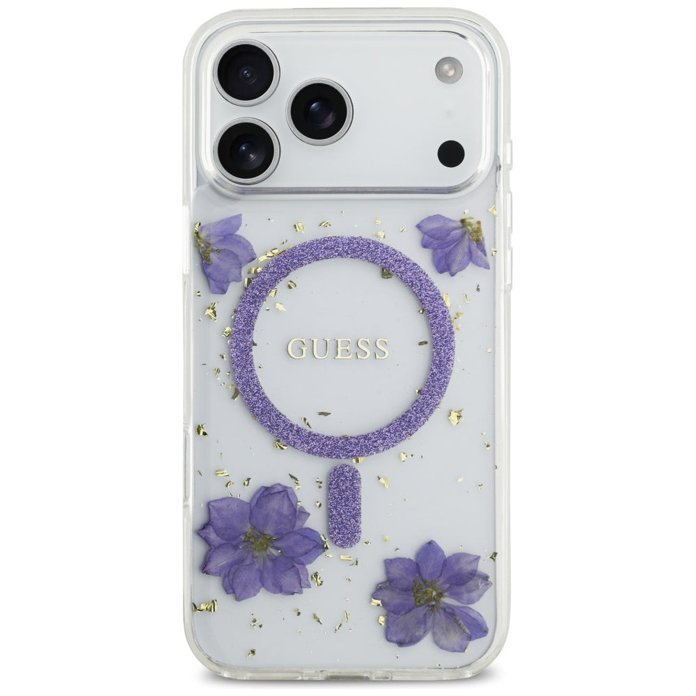 Funda MagSafe para Apple iPhone 17 Pro, Guess, Flores de Resina y Purpurina, Morado