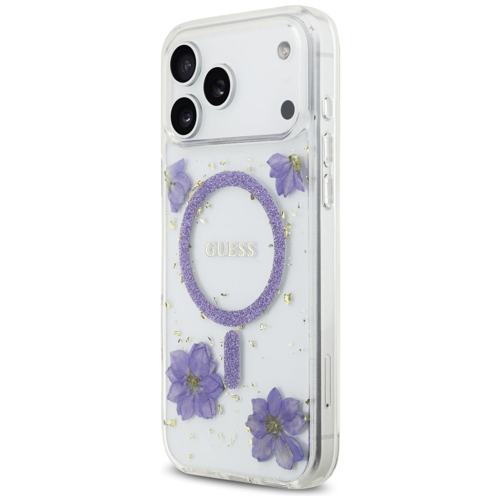 Funda MagSafe para Apple iPhone 17 Pro, Guess, Flores de Resina y Purpurina, Morado