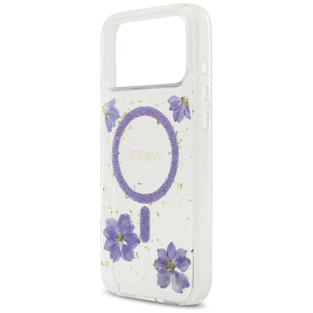 Funda MagSafe para Apple iPhone 17 Pro, Guess, Flores de Resina y Purpurina, Morado