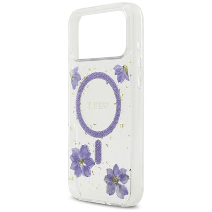 Funda MagSafe para Apple iPhone 17 Pro, Guess, Flores de Resina y Purpurina, Morado
