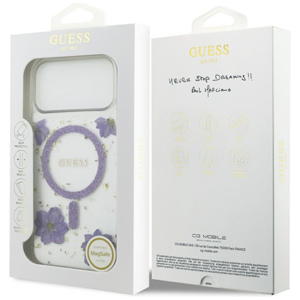 Funda MagSafe para Apple iPhone 17 Pro, Guess, Flores de Resina y Purpurina, Morado