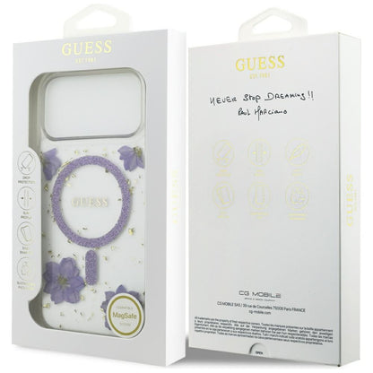 Funda MagSafe para Apple iPhone 17 Pro, Guess, Flores de Resina y Purpurina, Morado
