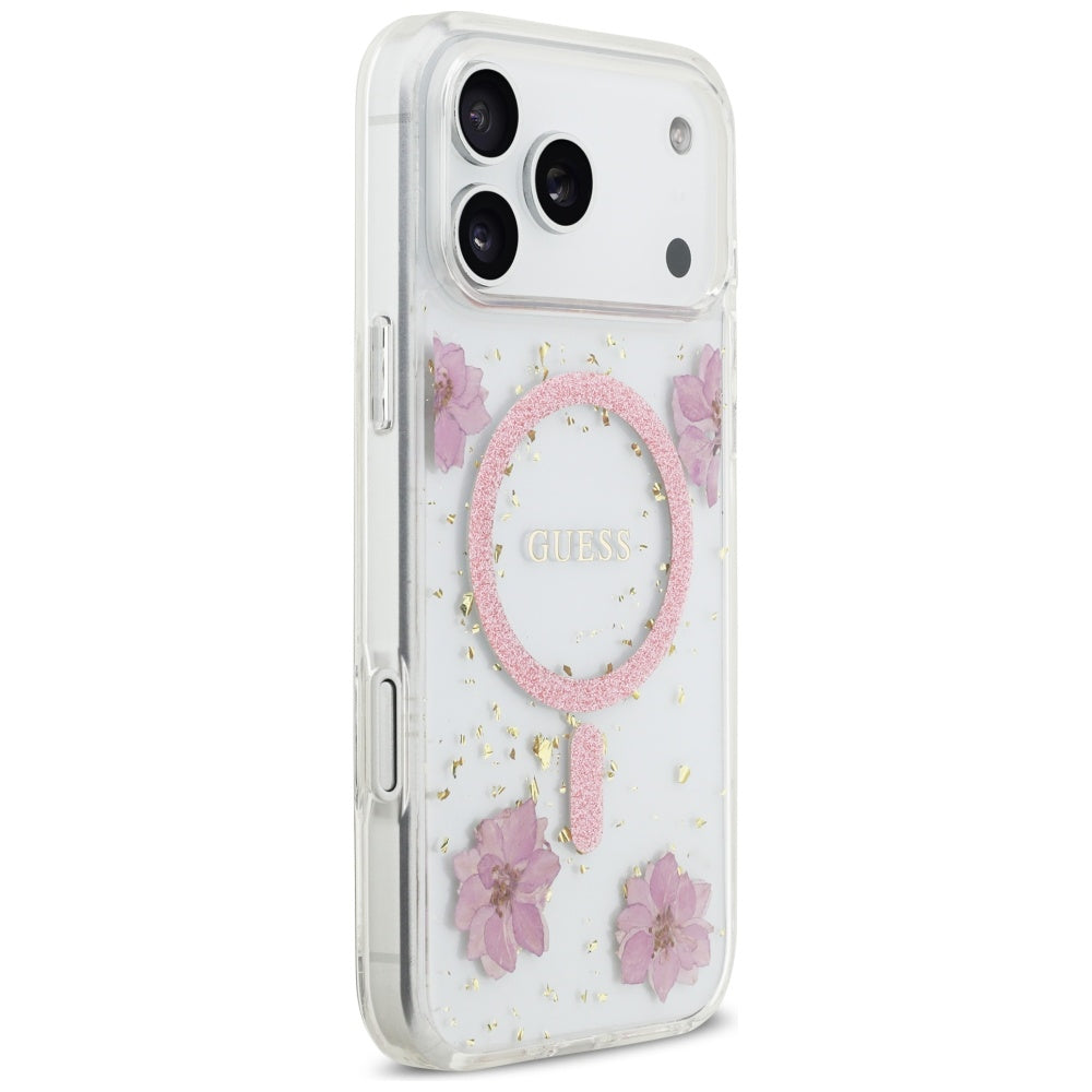 Funda MagSafe para Apple iPhone 17 Pro, Guess, Flores de Resina y Purpurina, Rosa