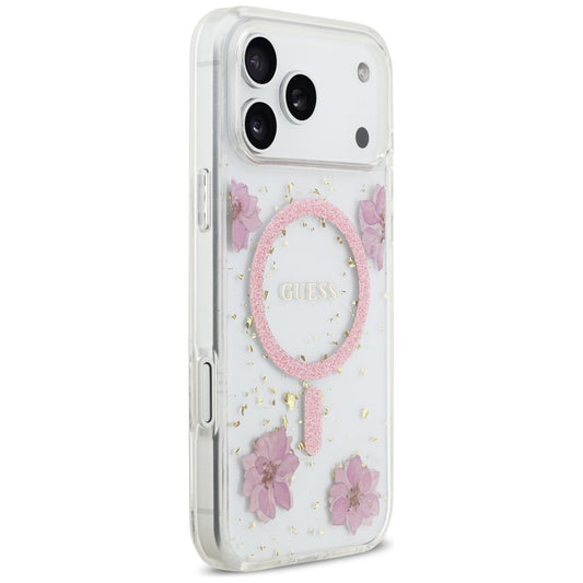 Funda MagSafe para Apple iPhone 17 Pro, Guess, Flores de Resina y Purpurina, Rosa