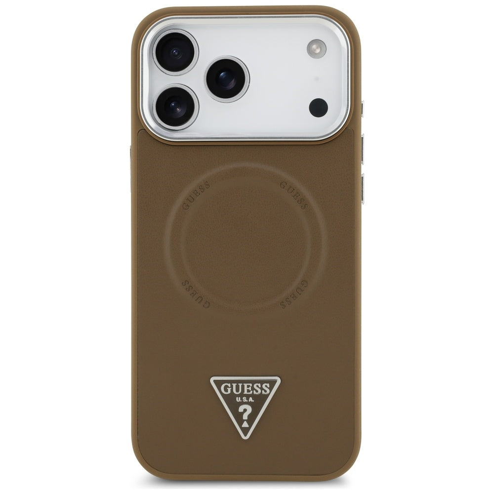 Funda MagSafe para Apple iPhone 17 Pro, Guess, Logo Triangular, Marrón Plateado