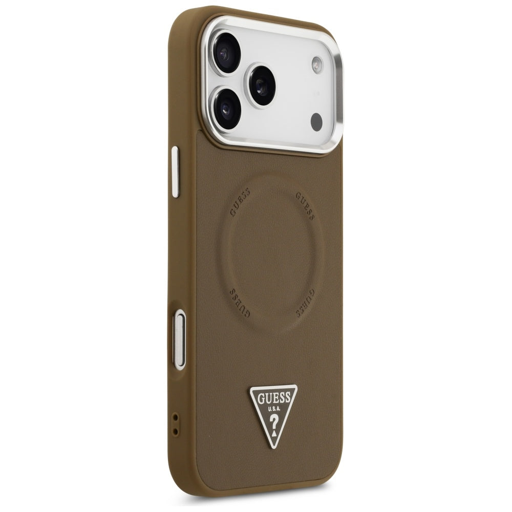 Funda MagSafe para Apple iPhone 17 Pro, Guess, Logo Triangular, Marrón Plateado