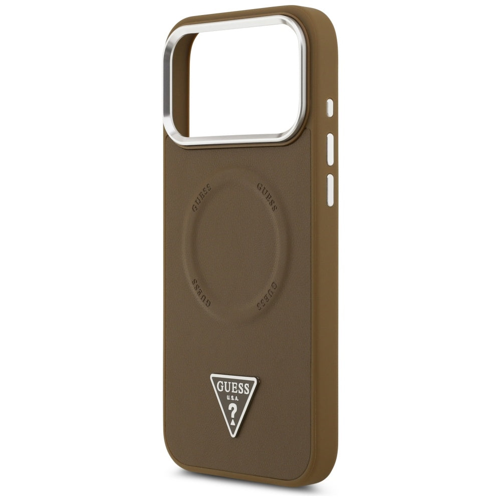 Funda MagSafe para Apple iPhone 17 Pro, Guess, Logo Triangular, Marrón Plateado