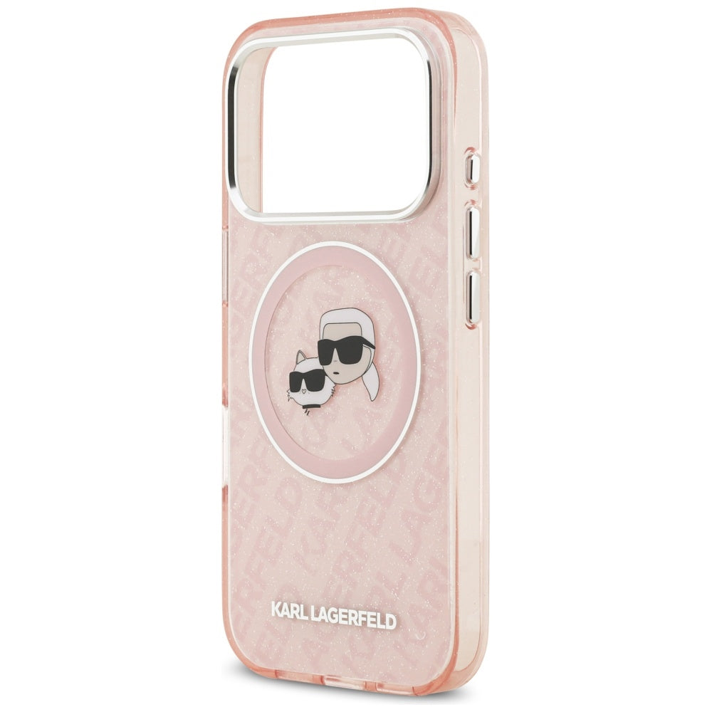 Funda MagSafe para Apple iPhone 17 Pro, Karl Lagerfeld, IML Glitter Karl & Choupette's Heads, Rosa.