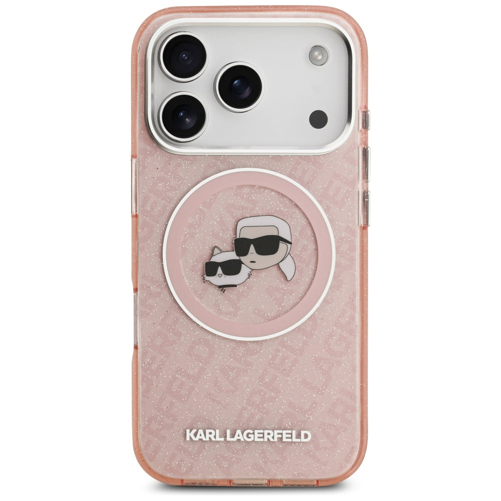 Funda MagSafe para Apple iPhone 17 Pro, Karl Lagerfeld, IML Glitter Karl & Choupette's Heads, Rosa.