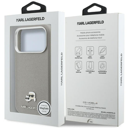Funda MagSafe para Apple iPhone 17 Pro, Karl Lagerfeld, Saffiano Karl & Choupette Pins, Gris