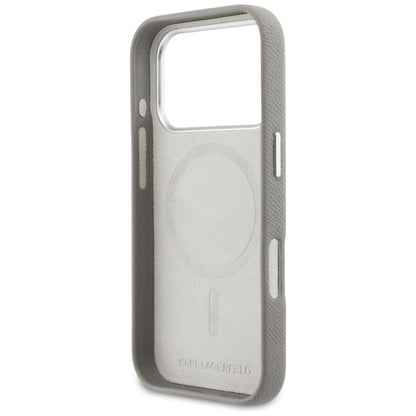 Funda MagSafe para Apple iPhone 17 Pro, Karl Lagerfeld, Saffiano Karl & Choupette Pins, Gris