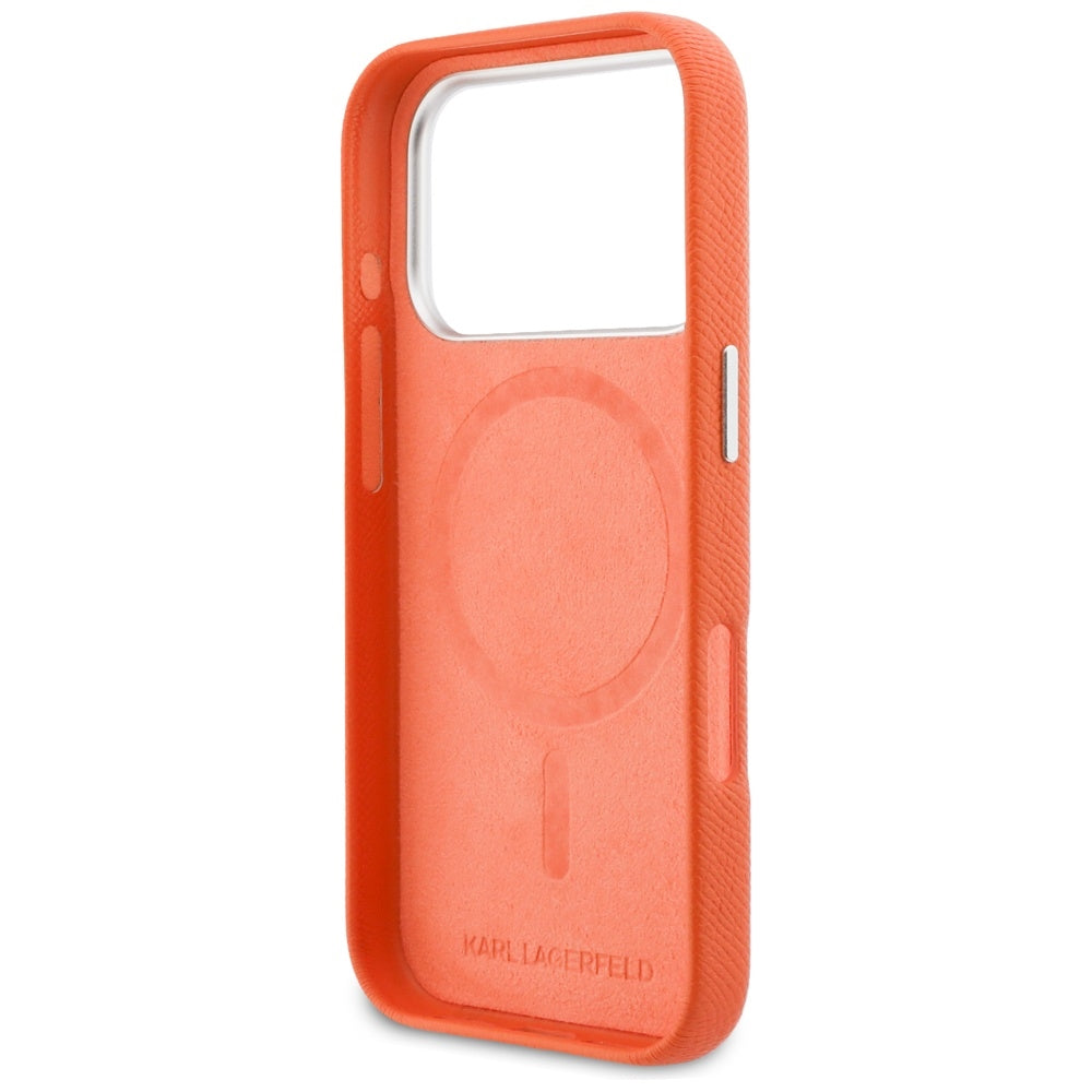 Funda MagSafe para Apple iPhone 17 Pro, Karl Lagerfeld, Saffiano Karl & Choupette Pins, Naranja