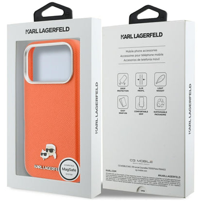 Funda MagSafe para Apple iPhone 17 Pro, Karl Lagerfeld, Saffiano Karl & Choupette Pins, Naranja