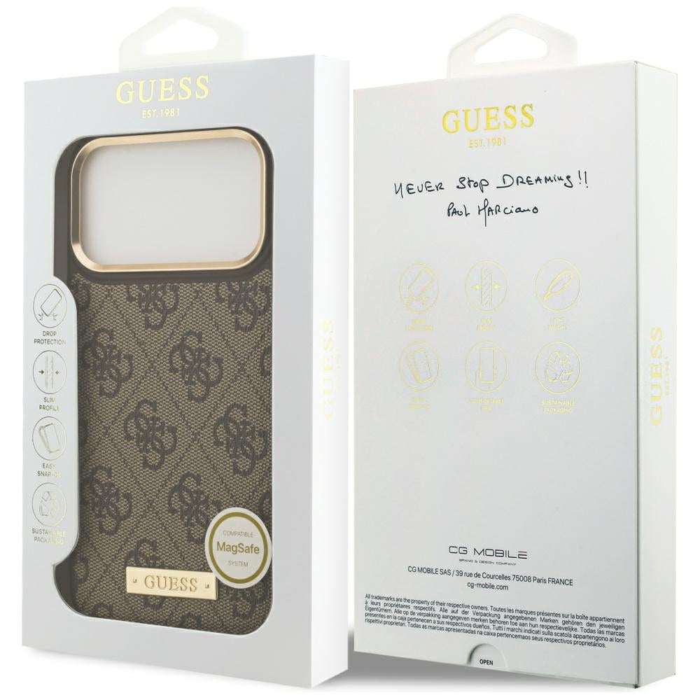 Funda MagSafe para Apple iPhone 17 Pro Max, Guess, 4G Logo Plate, Marrón