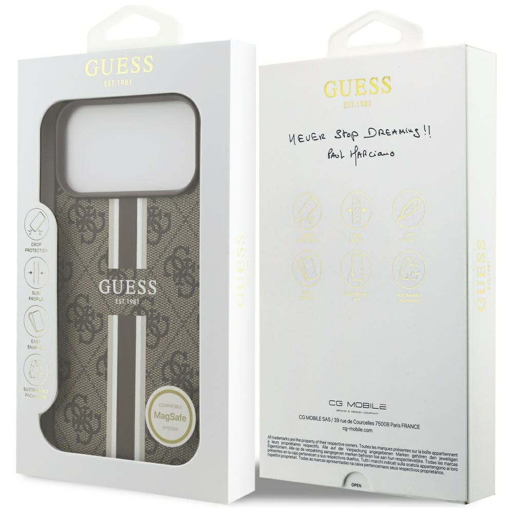 Funda MagSafe para Apple iPhone 17 Pro Max, Guess, 4G Printed Stripes, Marrón