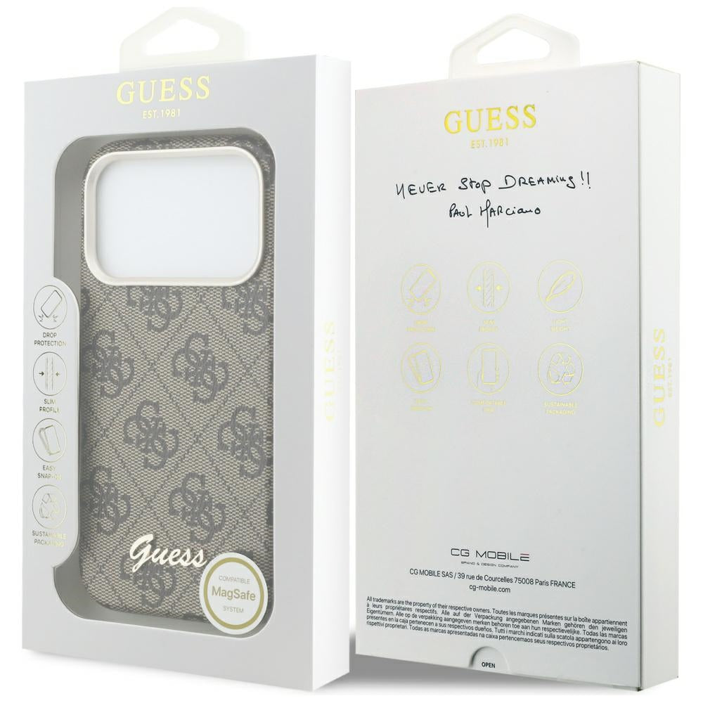 Funda MagSafe para Apple iPhone 17 Pro Max, Guess, 4G Script Logo, Marrón