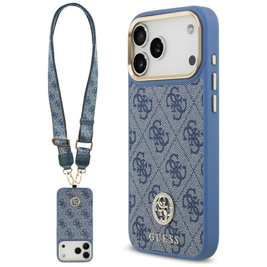 Funda MagSafe para Apple iPhone 17 Pro Max, Guess, 4G Strass Logo con Correa Grande, Azul