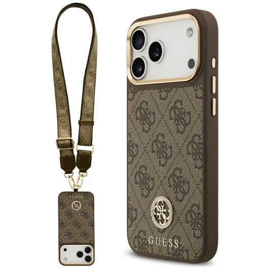 Funda MagSafe para Apple iPhone 17 Pro Max, Guess, 4G Strass Logo con Correa Grande, Marrón