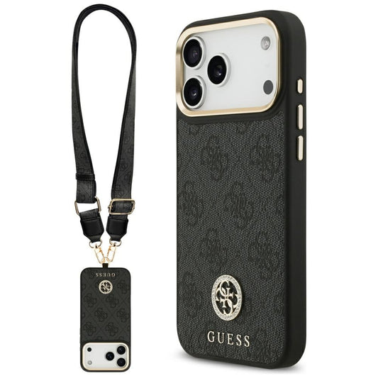 Funda MagSafe para Apple iPhone 17 Pro Max, Guess, 4G Strass Logo con Correa Grande, Negra