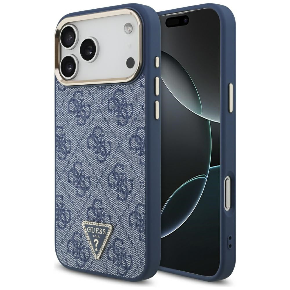 Funda MagSafe para Apple iPhone 17 Pro Max, Guess, 4G Triangle Logo, Azul Dorado