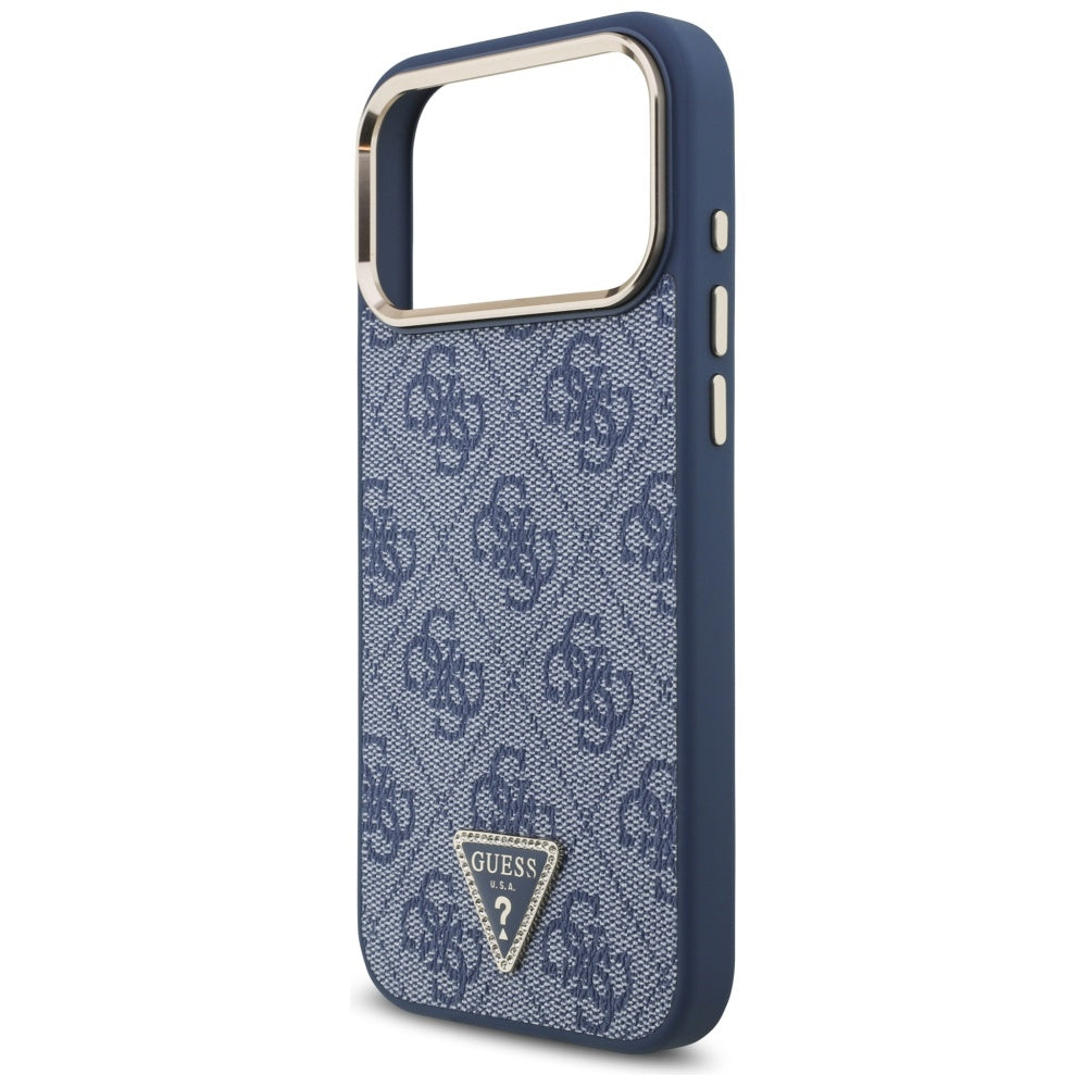 Funda MagSafe para Apple iPhone 17 Pro Max, Guess, 4G Triangle Logo, Azul Dorado