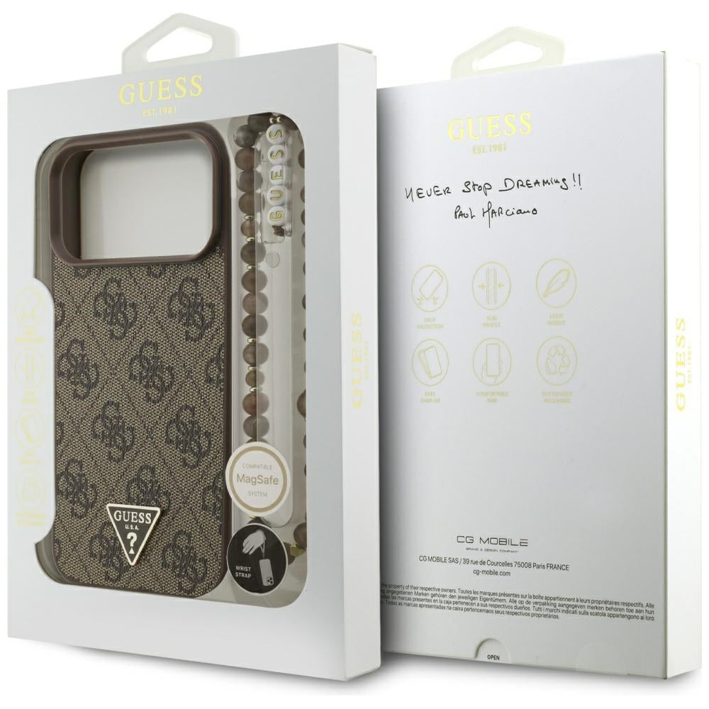 Funda MagSafe para Apple iPhone 17 Pro Max, Guess, 4G Triangle Logo Cord Strap, Marrón