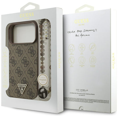 Funda MagSafe para Apple iPhone 17 Pro Max, Guess, 4G Triangle Logo Cord Strap, Marrón