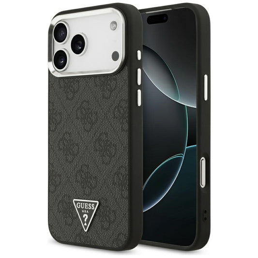 Funda MagSafe para Apple iPhone 17 Pro Max, Guess, Logo Triángulo 4G, Negra Plateada
