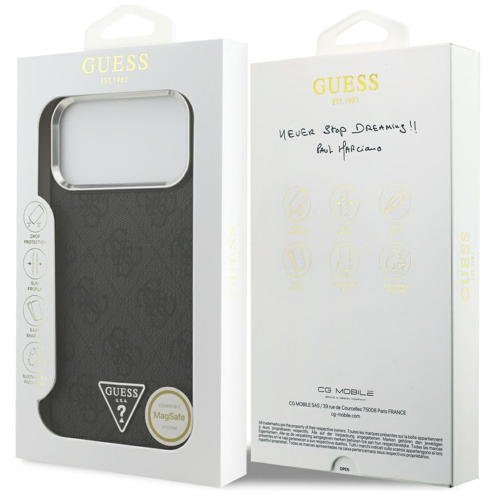 Funda MagSafe para Apple iPhone 17 Pro Max, Guess, Logo Triángulo 4G, Negra Plateada