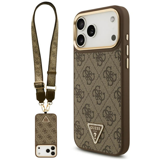 Funda MagSafe para Apple iPhone 17 Pro Max, Guess, Logo Triángulo 4G con Correa Grande, Marrón