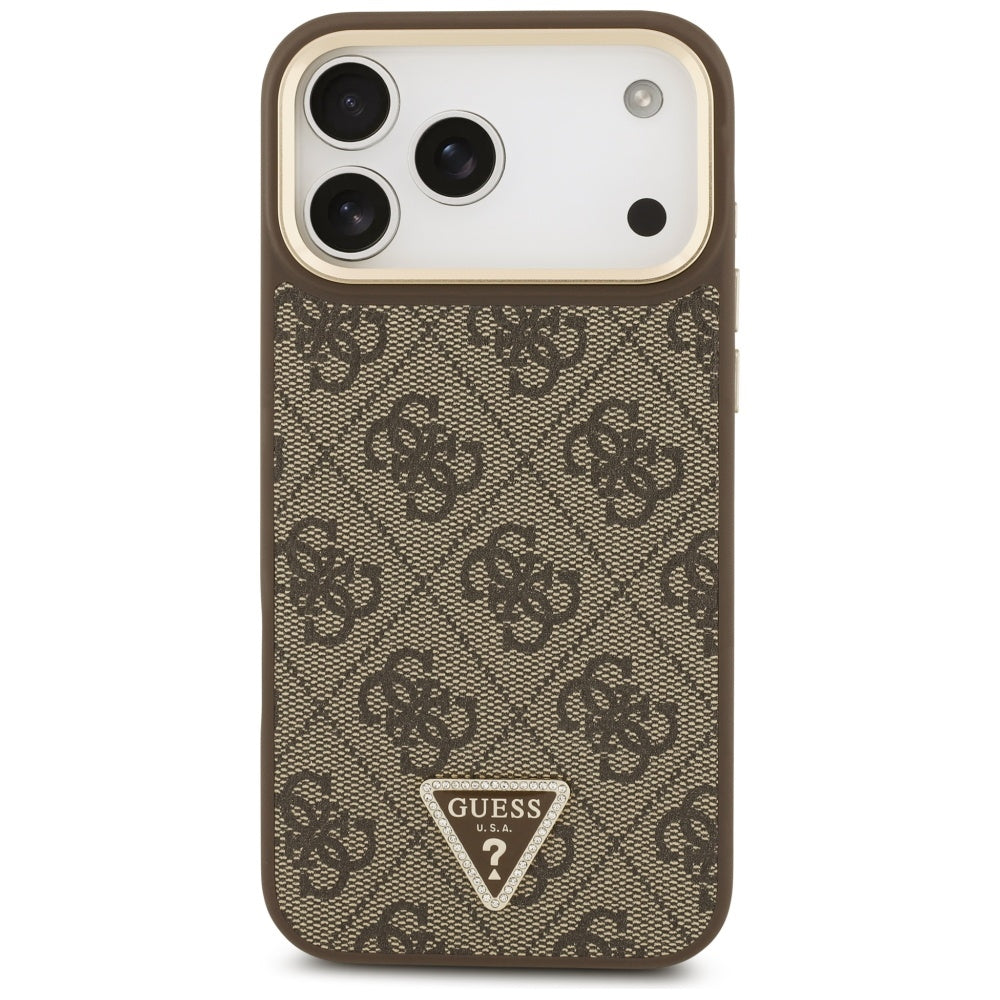 Funda MagSafe para Apple iPhone 17 Pro Max, Guess, Logo Triángulo 4G con Correa Grande, Marrón